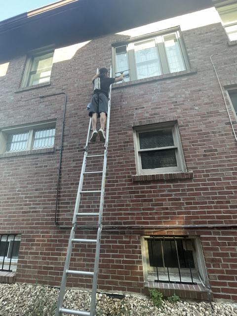 A crew member on a ladder washing the upper windows of a brick building